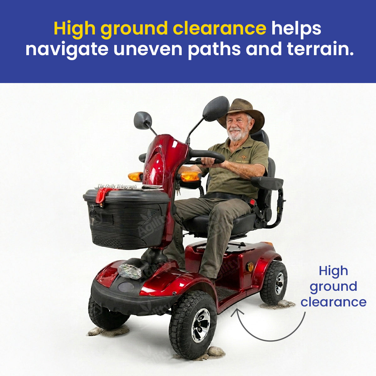 Man using a outlaw mobility scooter with high ground clearance on a white background