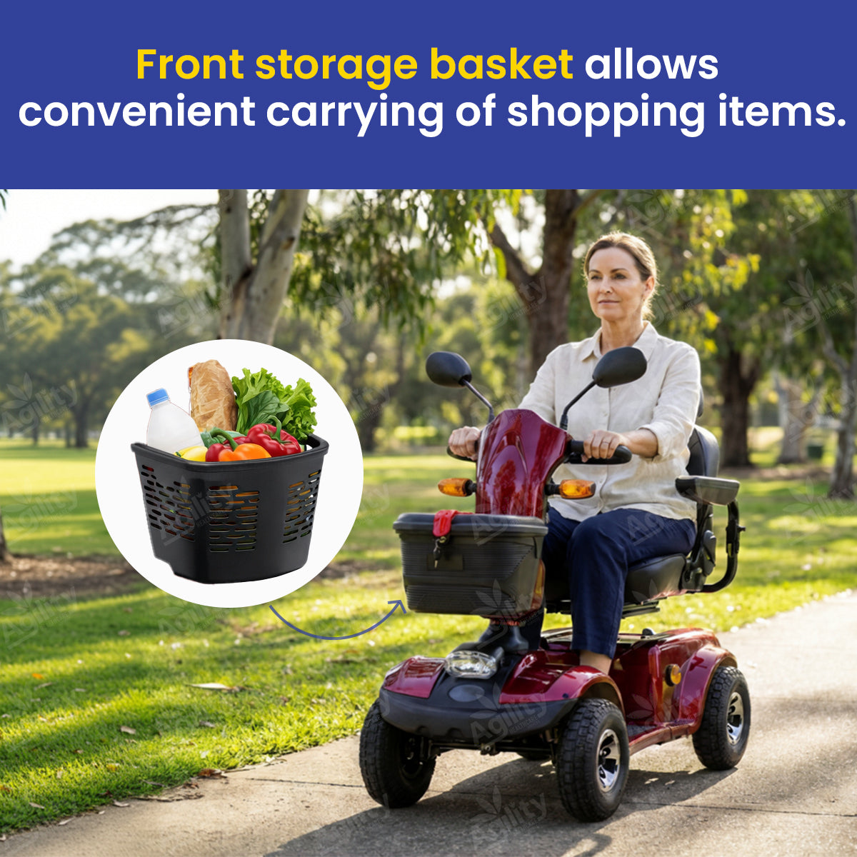 Woman using a outlaw mobility scooter with a front storage basket in a park setting.