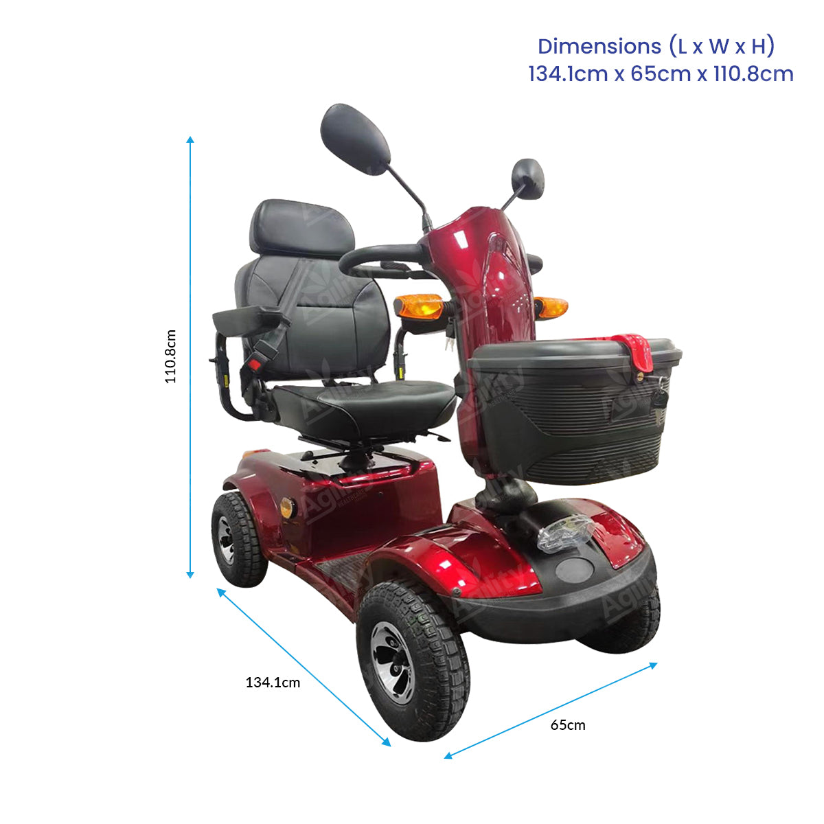 outlaw mobility scooter with dimensions labeled on a white background