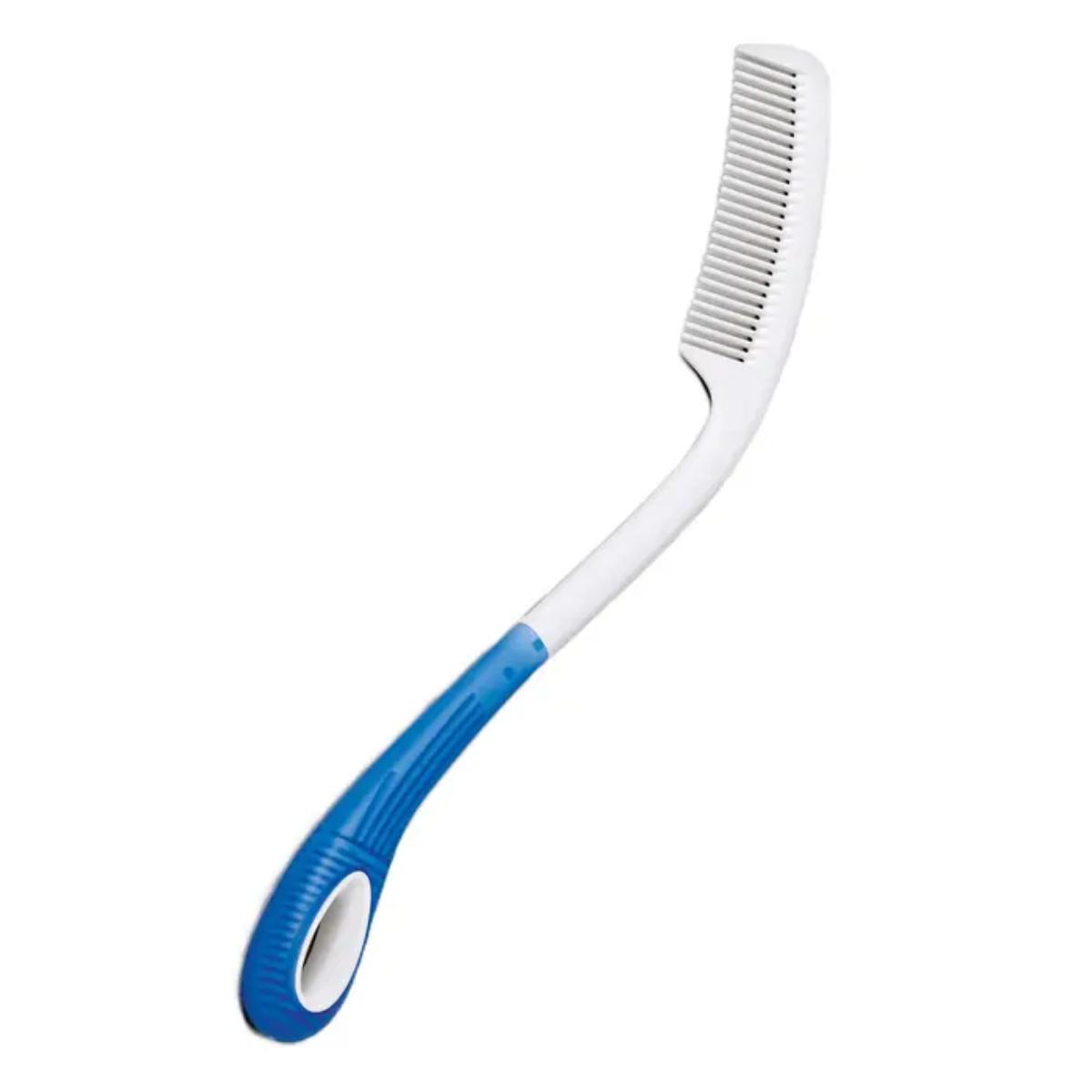 Comb with blue handle on a white background