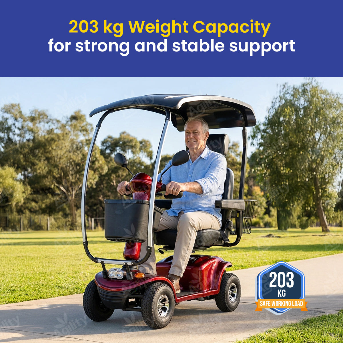 Man driving a red Phantom mobility scooter golf cart on a path with trees in the background, highlighting a 203 kg weight capacity.