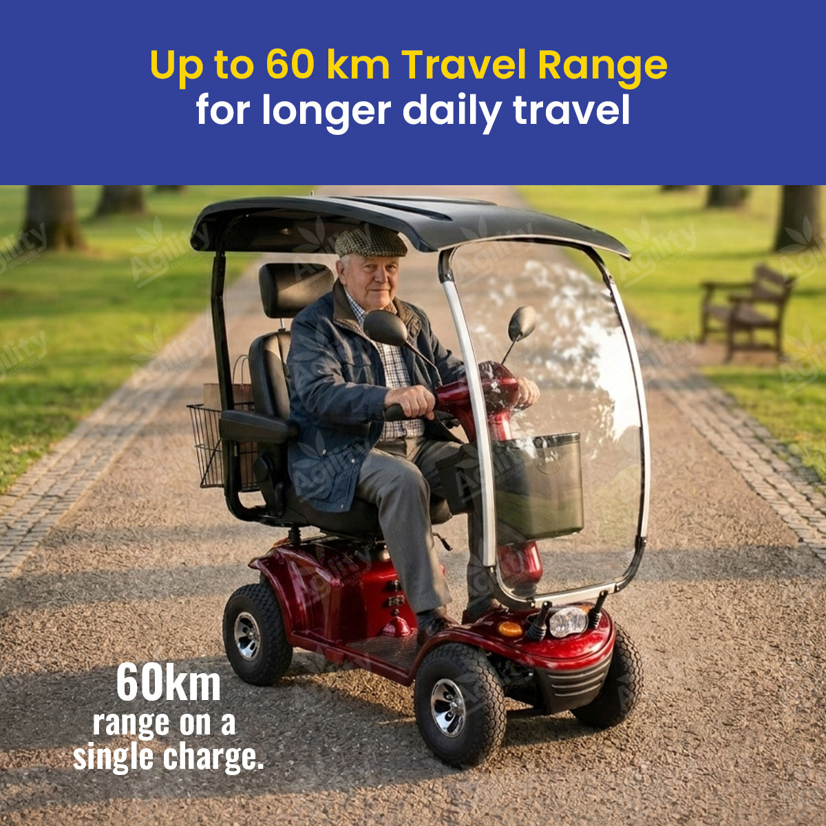 Man driving a red Phantom mobility scooter on a path with text about travel range.