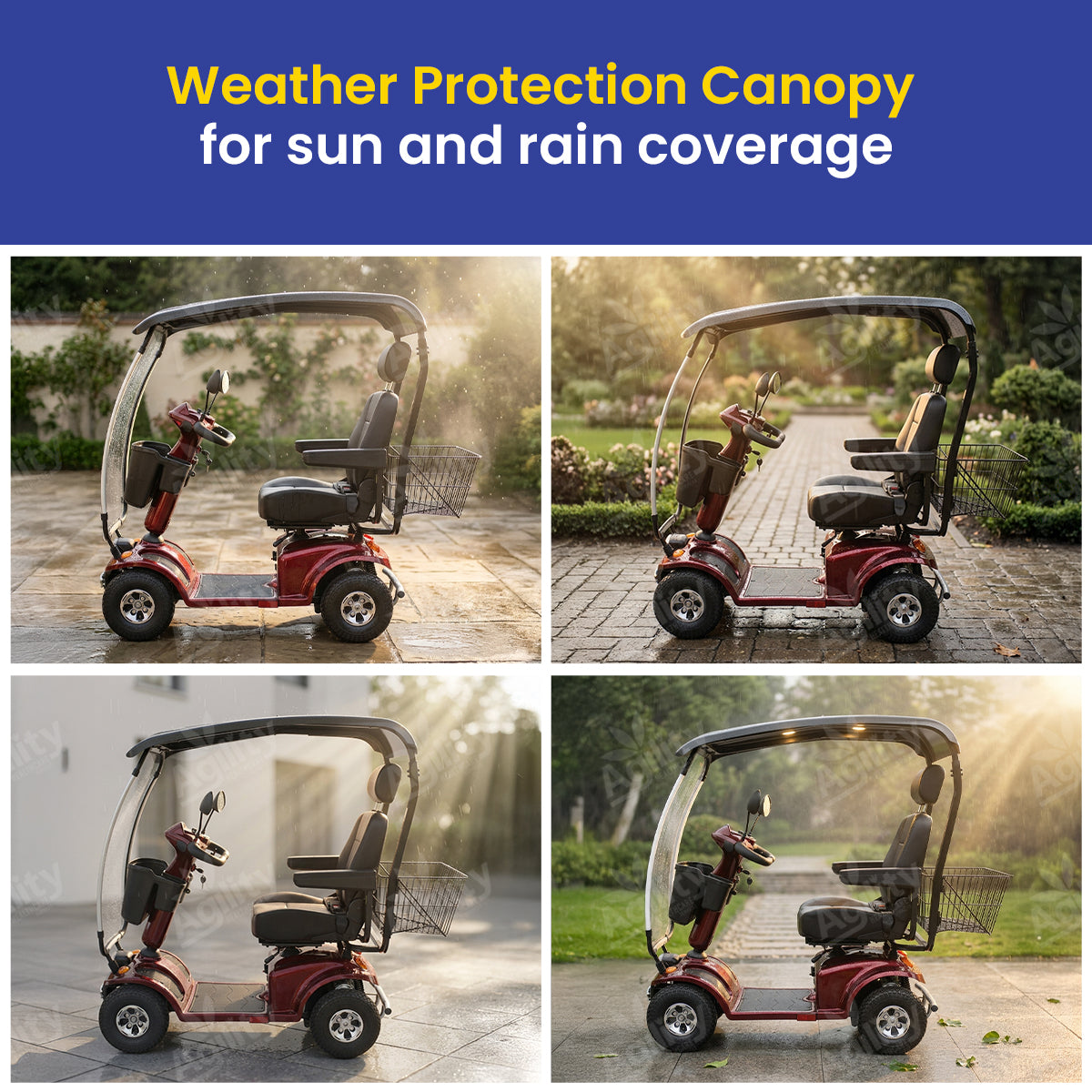 Collage of a Phantom mobility scooter with a weather protection canopy in various outdoor settings.