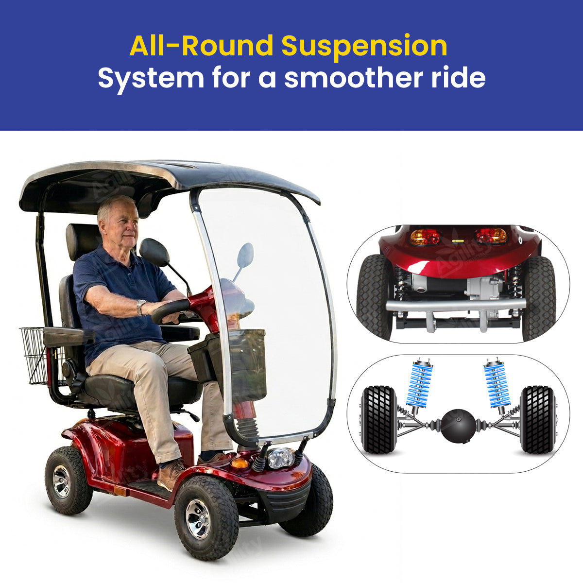 Man driving a red Phantom mobility scooter with 'All-Round Suspension System' text and graphics on a white background.