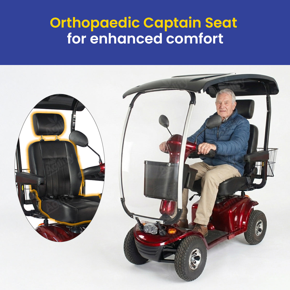 Red Phantom  mobility scooter with orthopaedic captain seat for enhanced comfort, featuring a close-up of the seat.