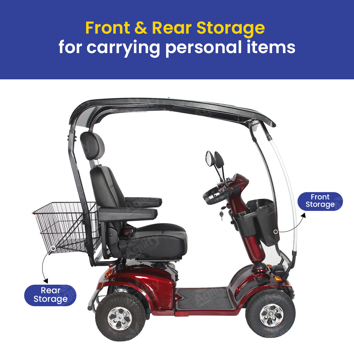 Red Phantom mobility scooter with front and rear storage compartments on a white background
