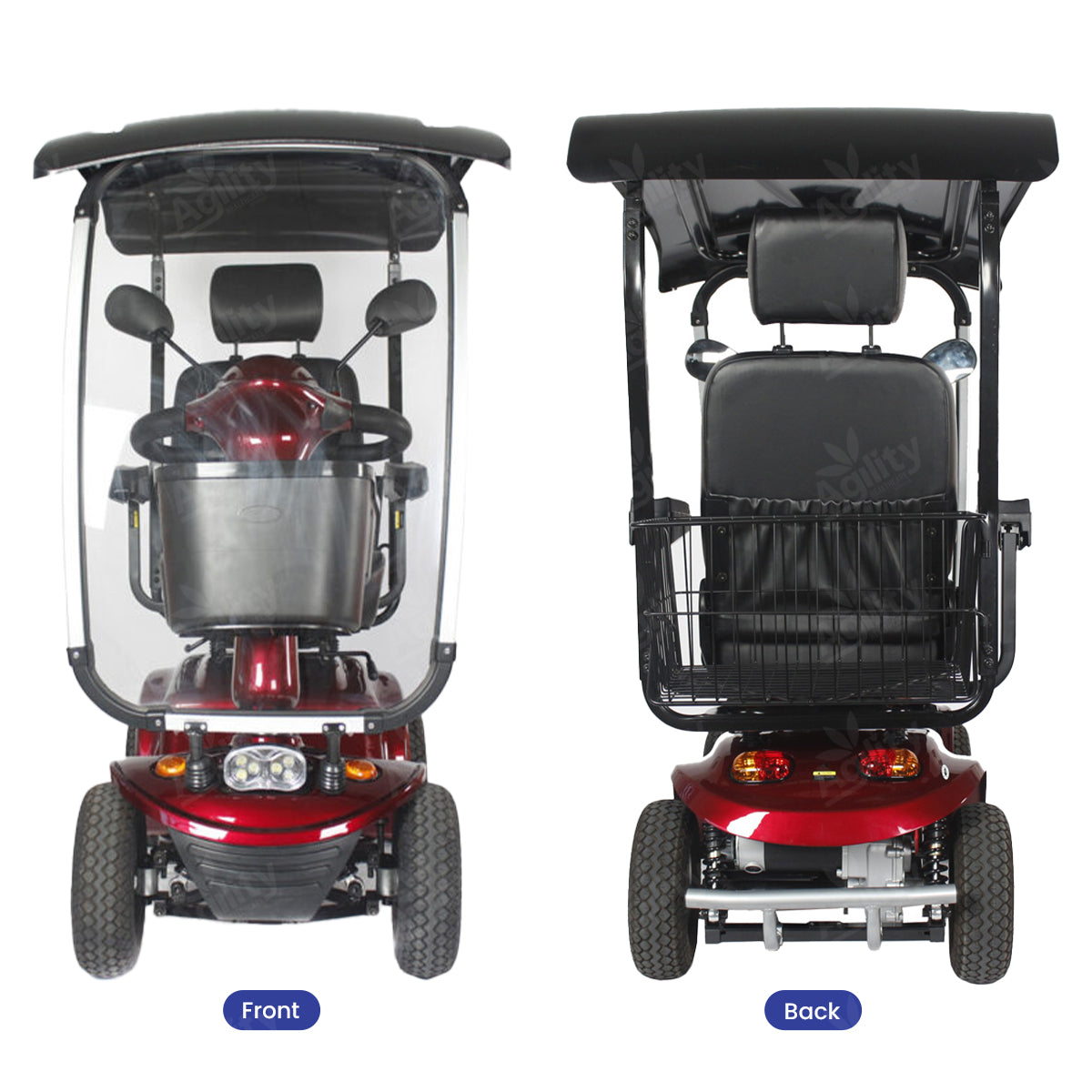 Red Phantom mobility scooter shown from front and back on a white background