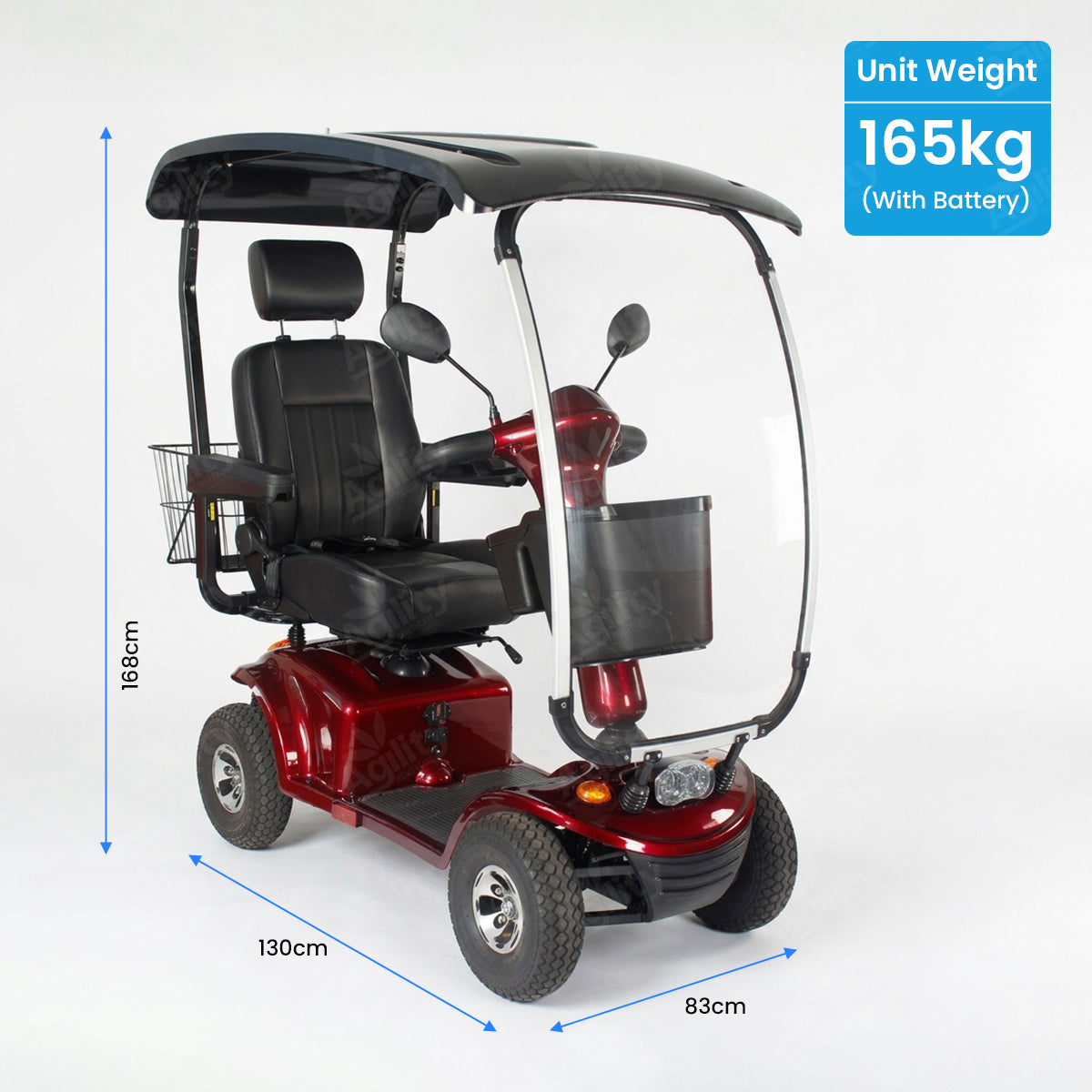 Red Phantom mobility scooter with dimensions and weight information on a white background