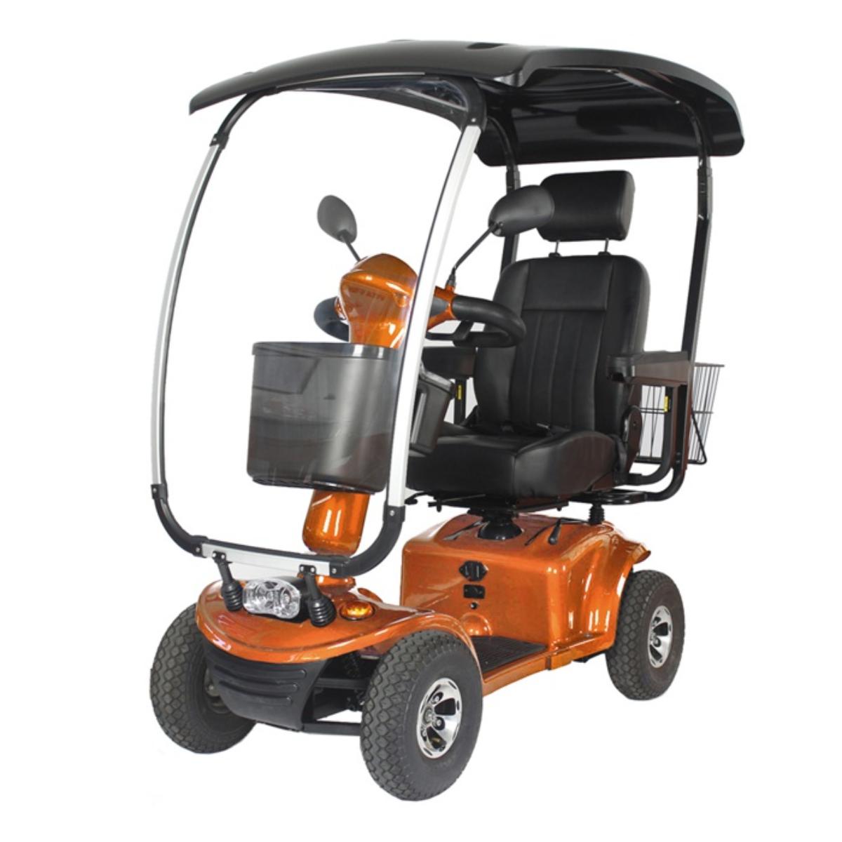 Orange Phantom mobility scooter with black canopy on a white background