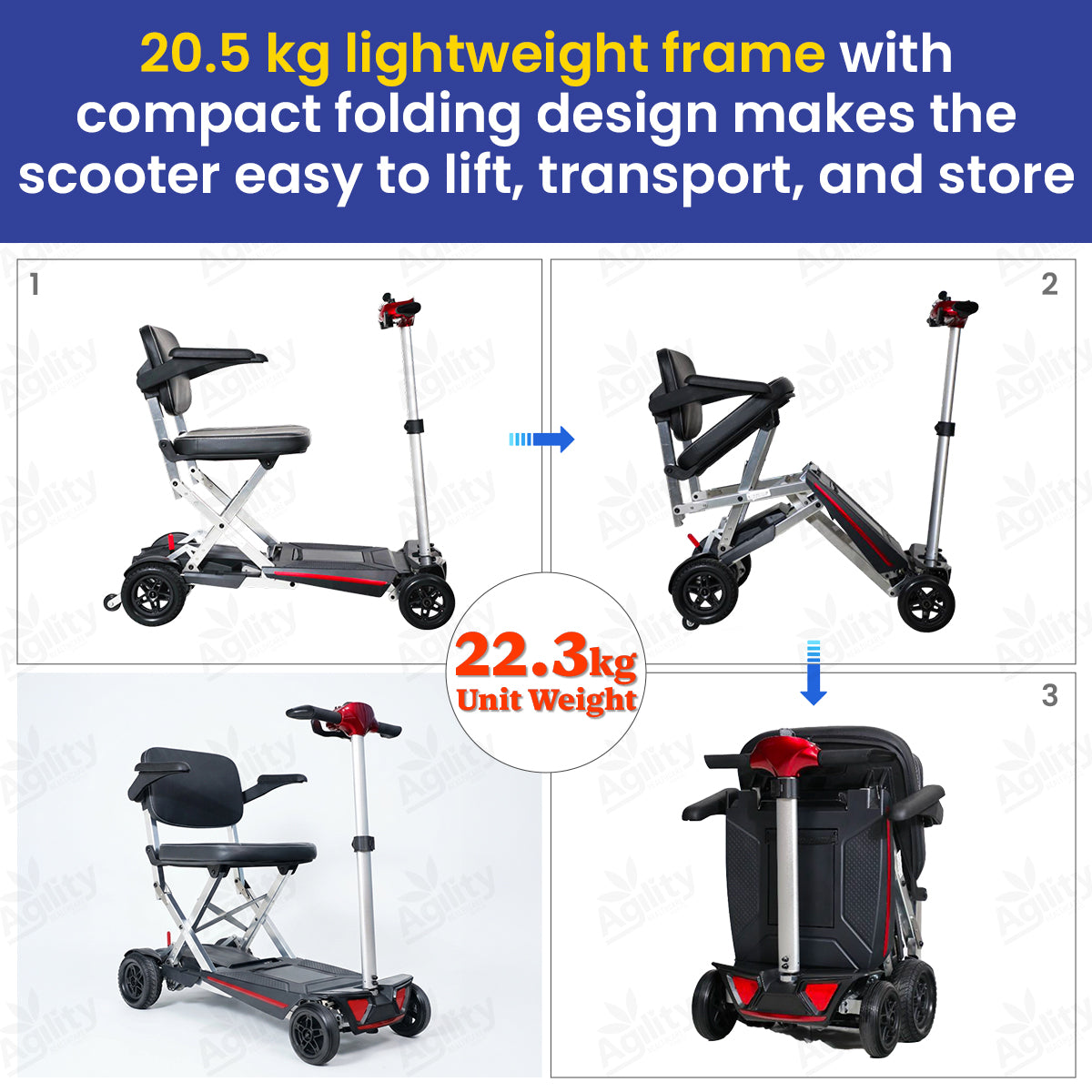 Solax MobiFree Folding Mobility Scooter with weight information on a white background