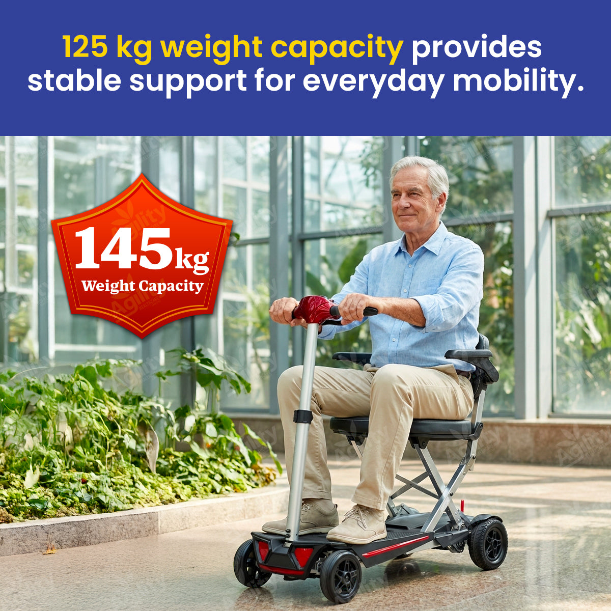 Man using a Solax MobiFree Folding Mobility Scooter with a weight capacity label in an outdoor setting.