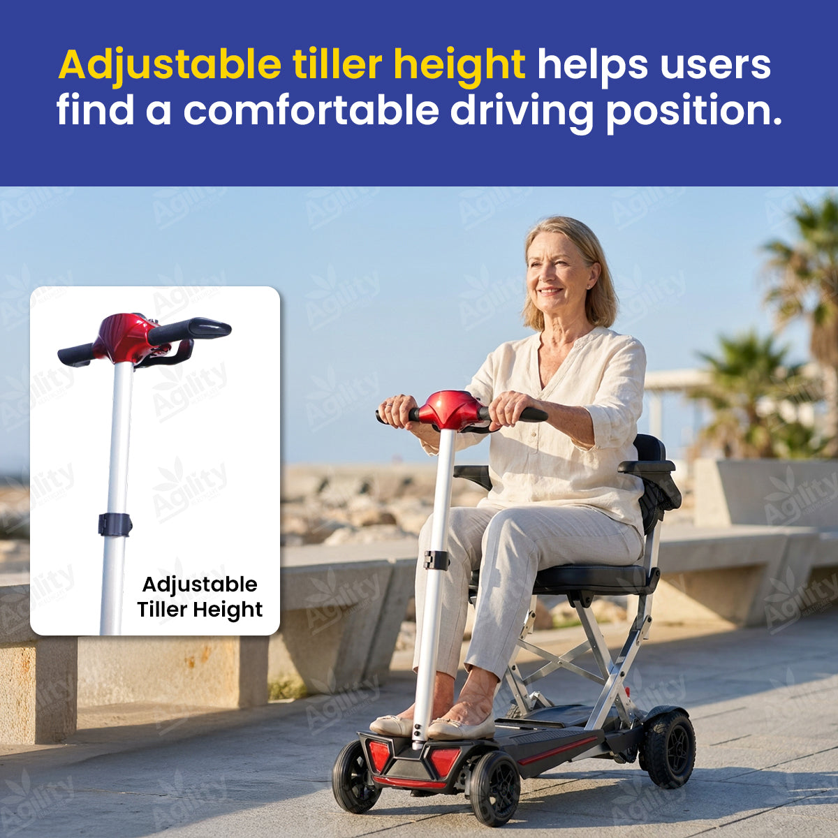 Woman using a Solax MobiFree Folding Mobility Scooter with adjustable tiller height feature, set against a scenic background.