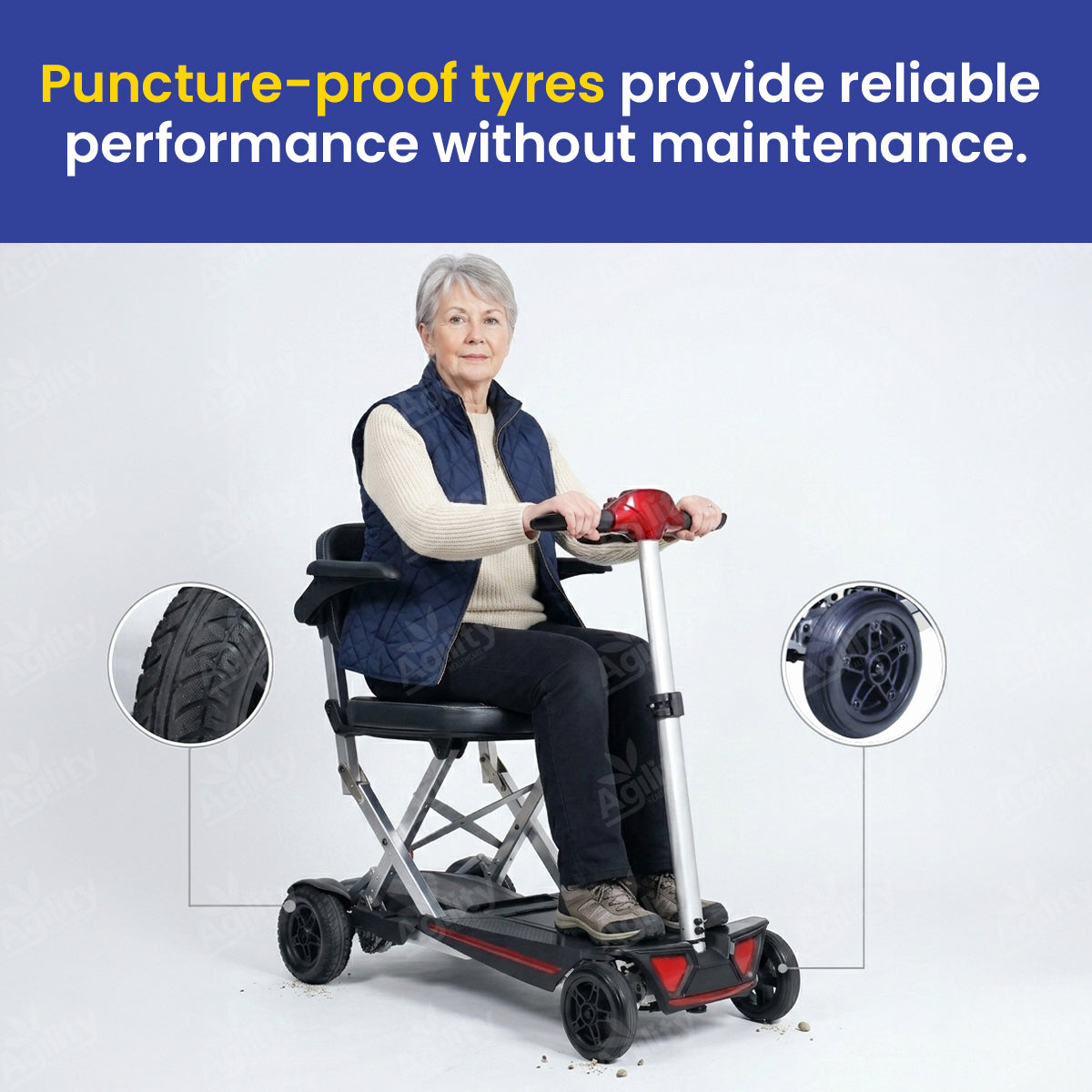 A woman using a Solax MobiFree Folding Mobility Scooter with puncture-proof tyres highlighted on a white background.