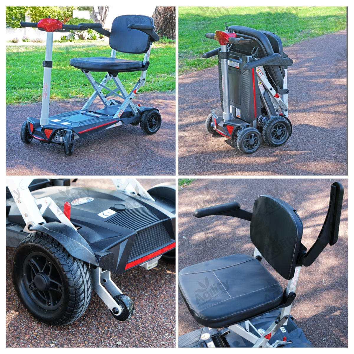 Collage of a Solax MobiFree Folding Mobility Scooter with various angles on a paved surface.