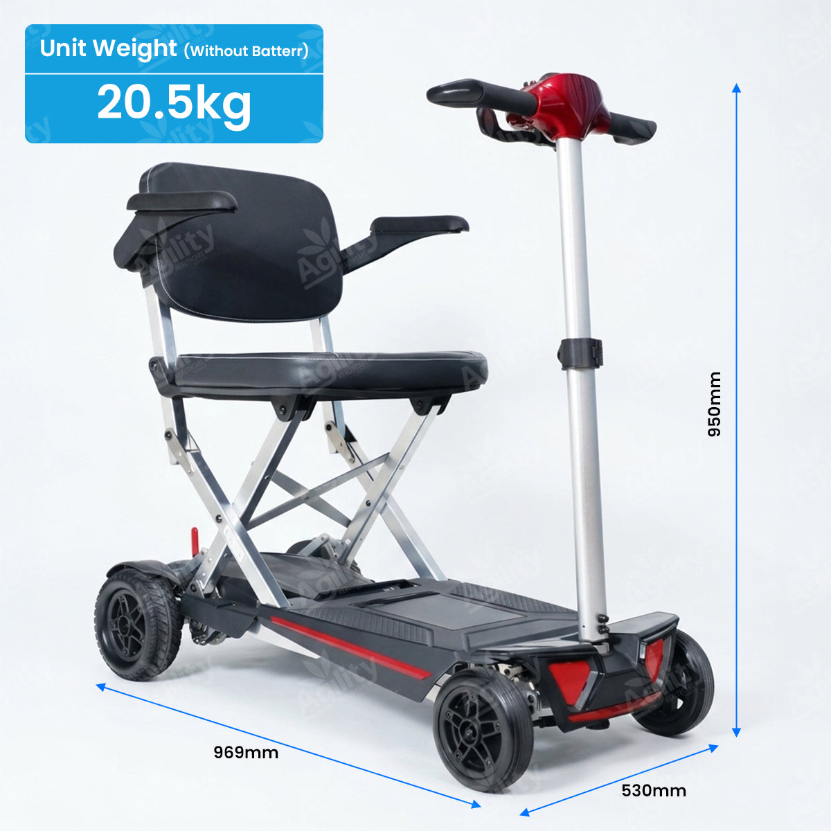 Solax MobiFree Folding Mobility Scooter with seat and measurements on a white background