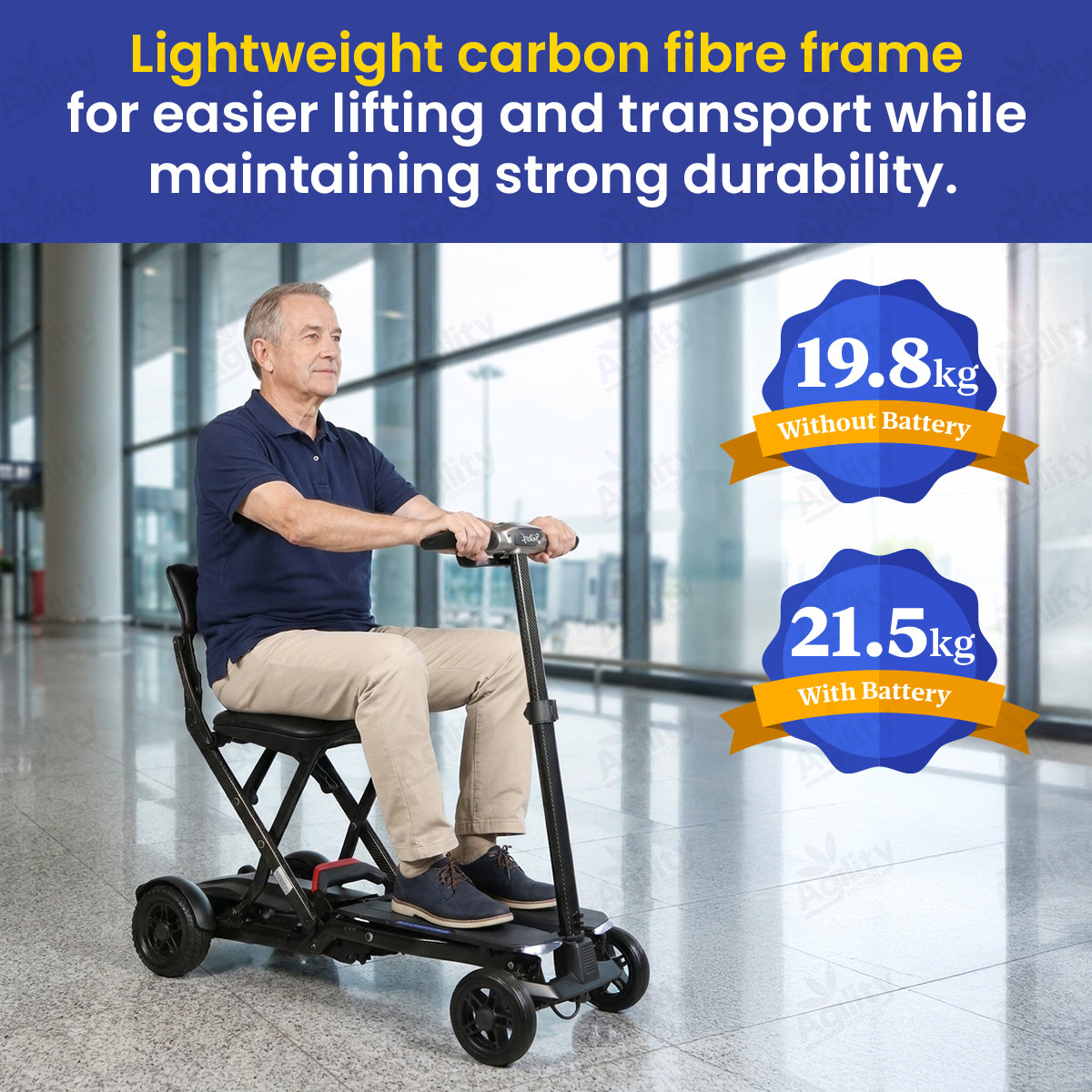 A man is using a Solax Maleta Carbon Fibre Auto Folding Mobility Scooter with text about its lightweight carbon fibre frame and weight information.