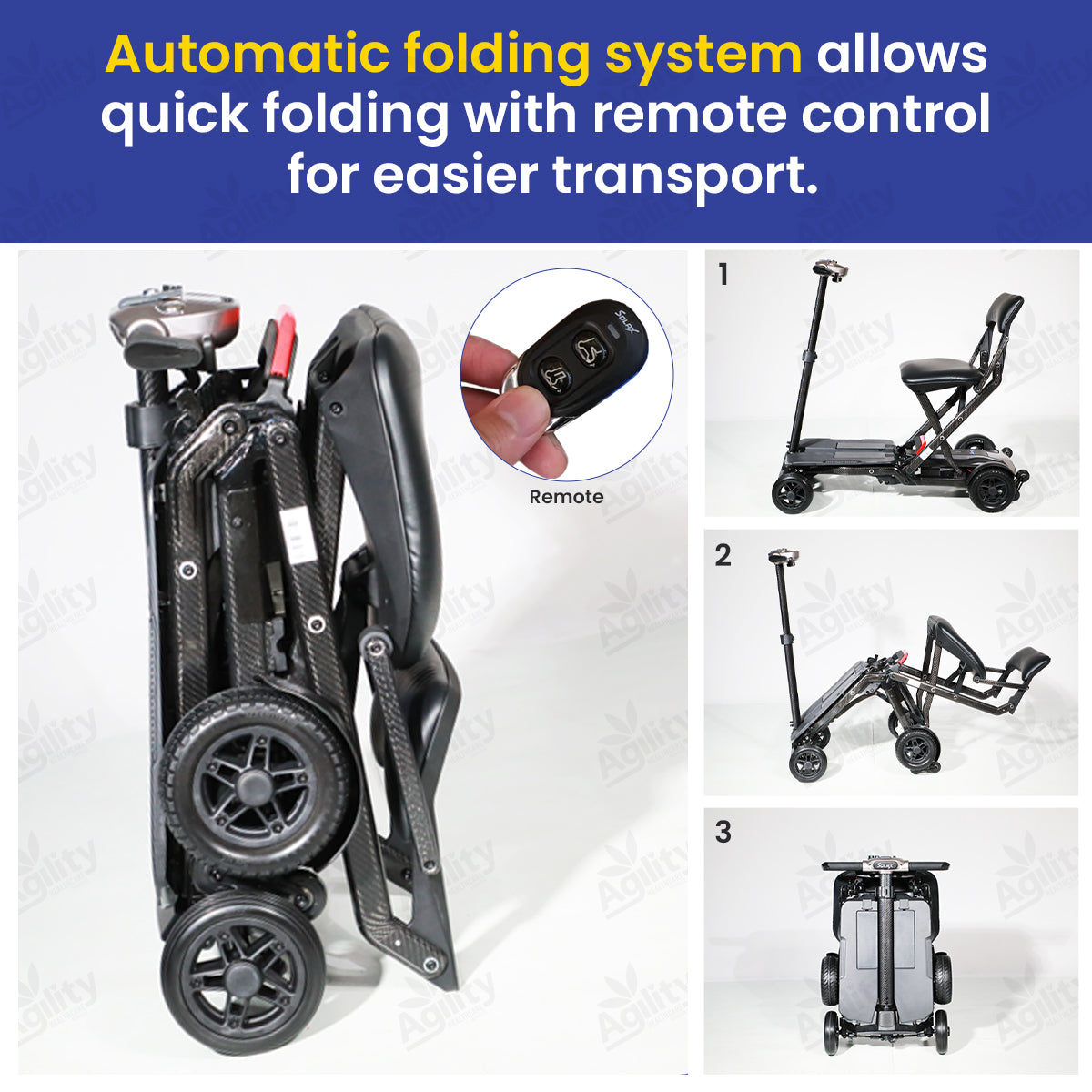 Solax Maleta Carbon Fibre Auto Folding Mobility Scooter with remote control feature on a white background