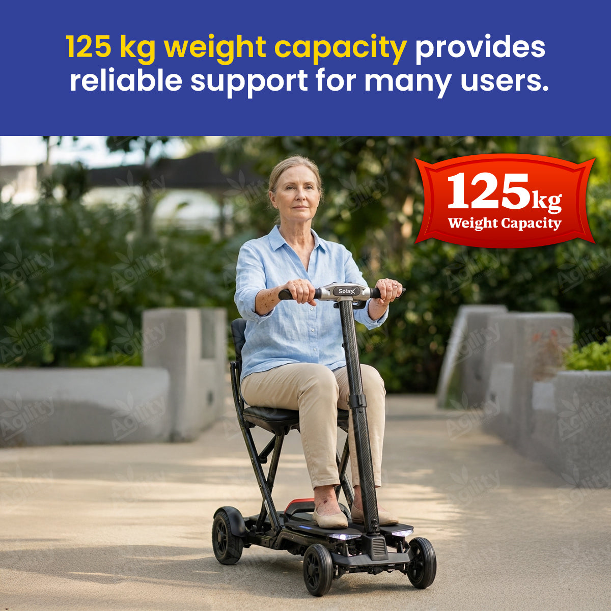 Woman using a mobility scooter with text about weight capacity