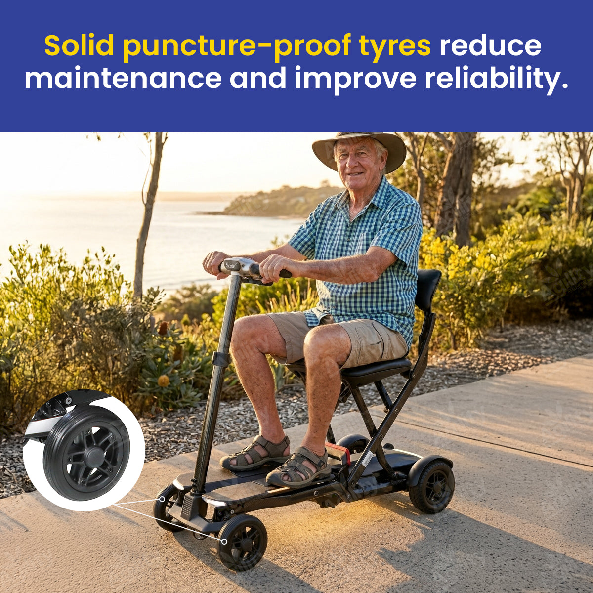 Man riding a Solax Maleta Carbon Fibre Auto Folding Mobility Scooter with solid puncture-proof tyres on a scenic path.