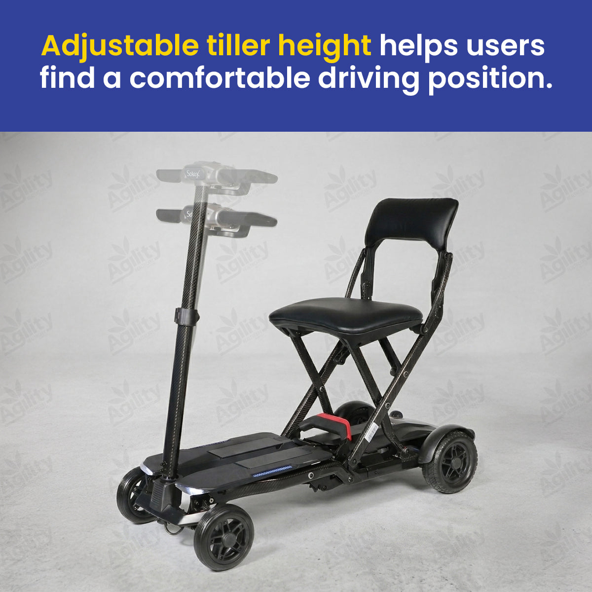 Solax Maleta Carbon Fibre Auto Folding Mobility Scooter with adjustable tiller height on a gray background