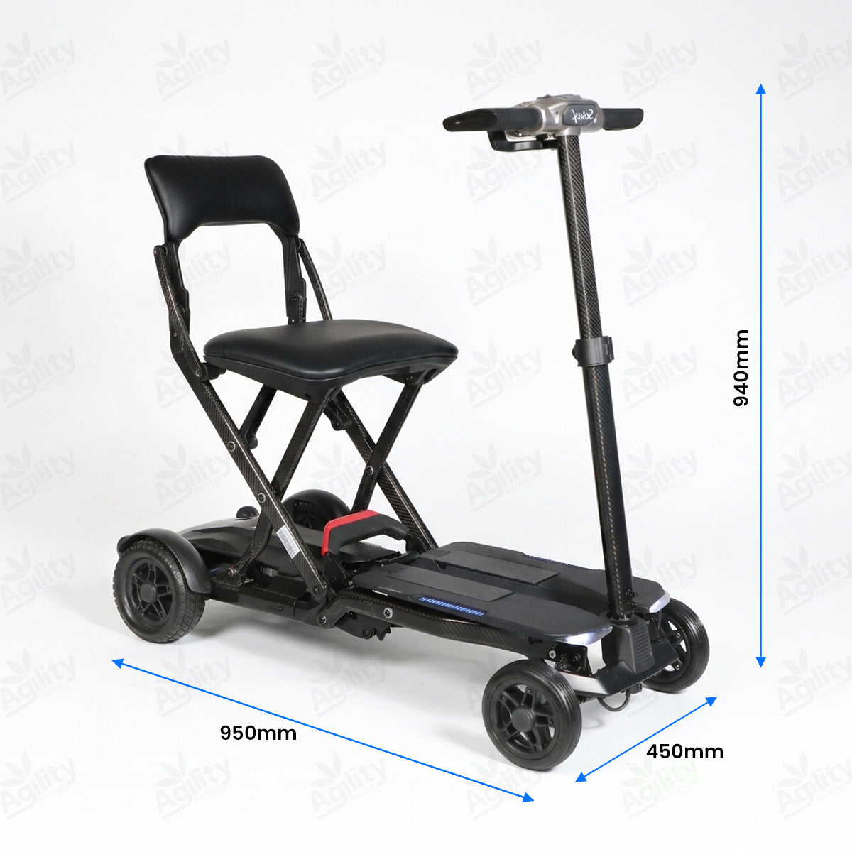 Black scooter with seat and dimensions indicated on a white background