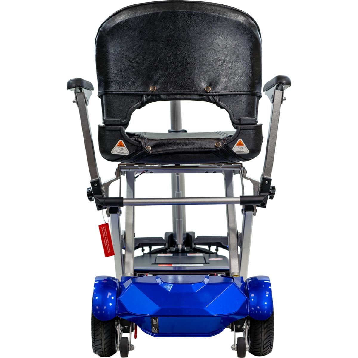 Back view of a Solax Transformer Comfort Pro Blue mobility scooter Foldable mobility scooter with black seat and blue frame on a white background with a blue base and black seat on a white background