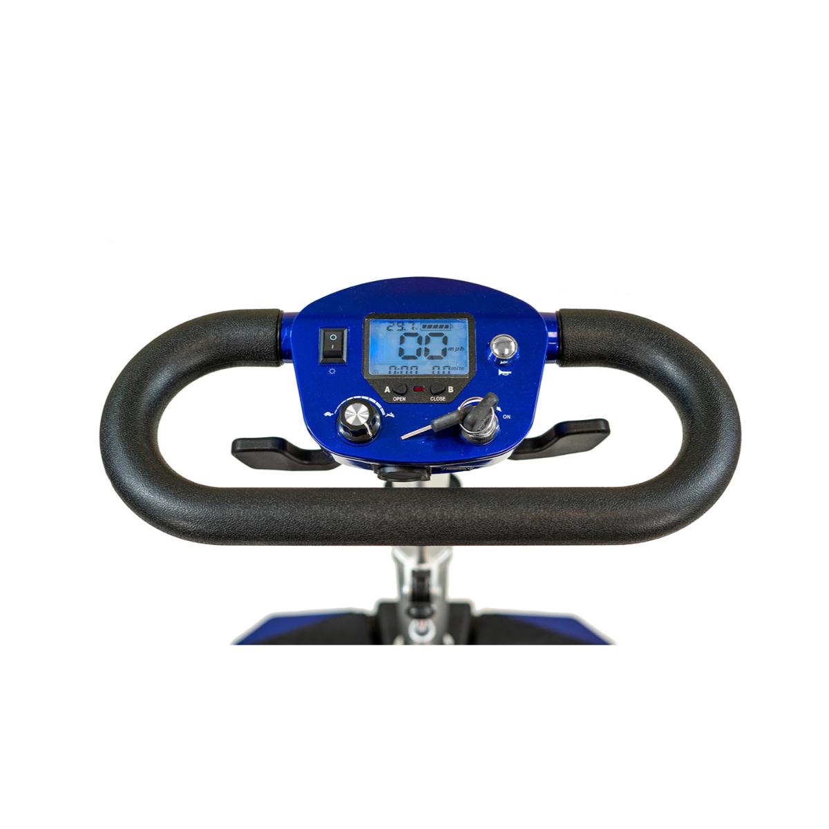 Exercise Solax Transformer Comfort Pro Blue  Foldable mobility scooter handlebar with digital display on a white background