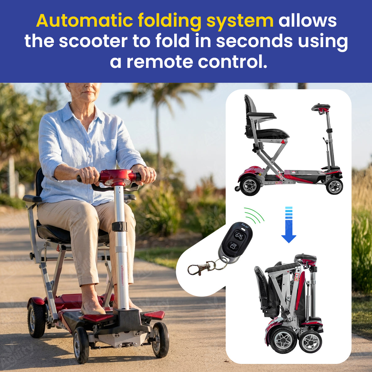 Person using a mobility scooter with an automatic folding system and remote control illustration.