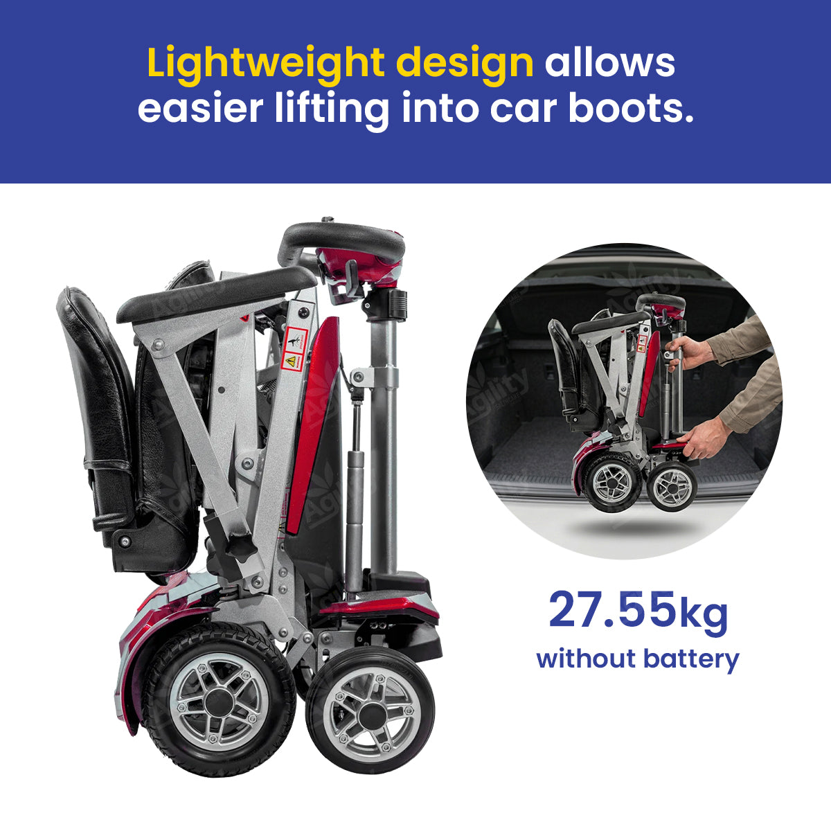 Foldable mobility scooter with text highlighting its lightweight design for easier car boot access.