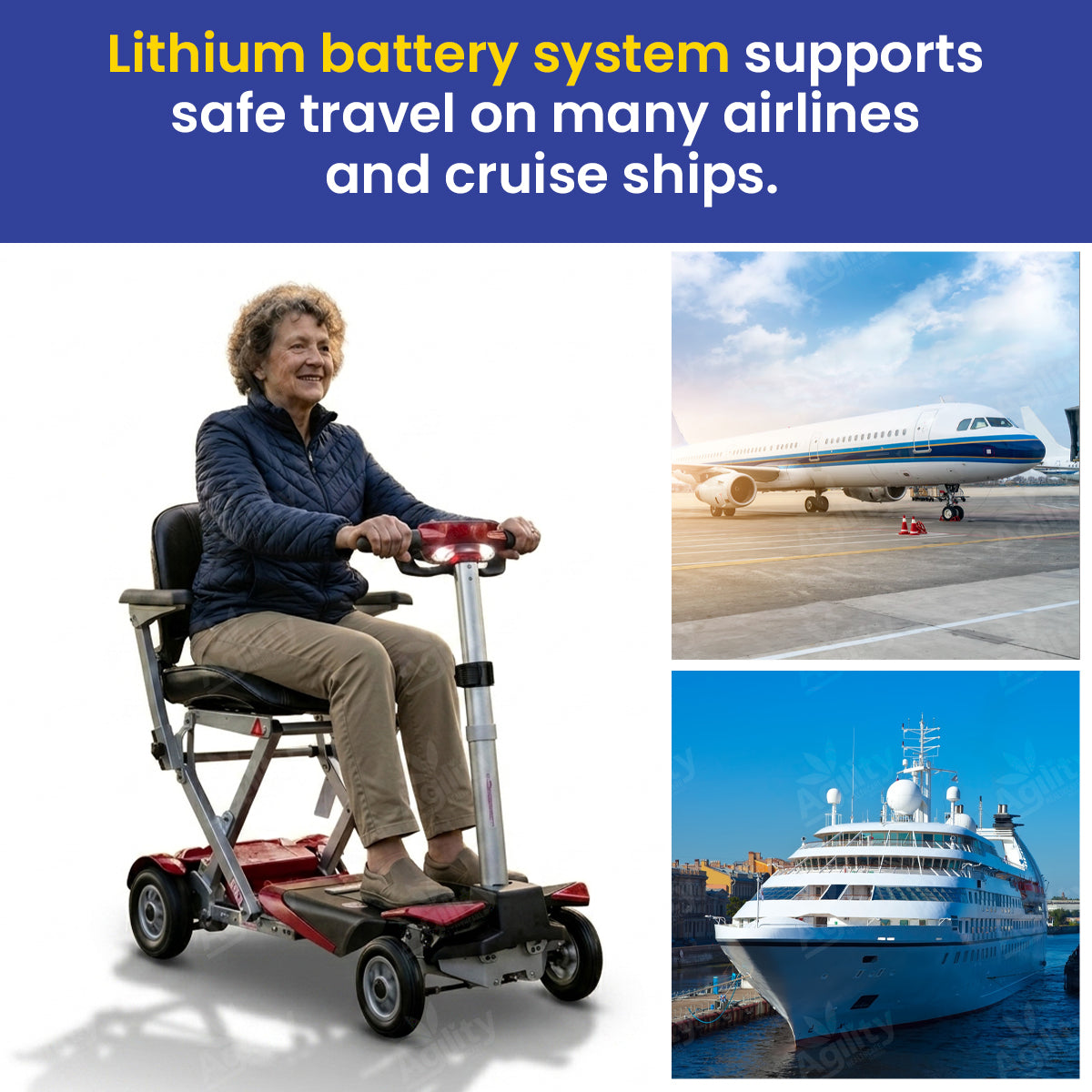 Person using a mobility scooter with text about lithium battery system support on airlines and cruise ships.