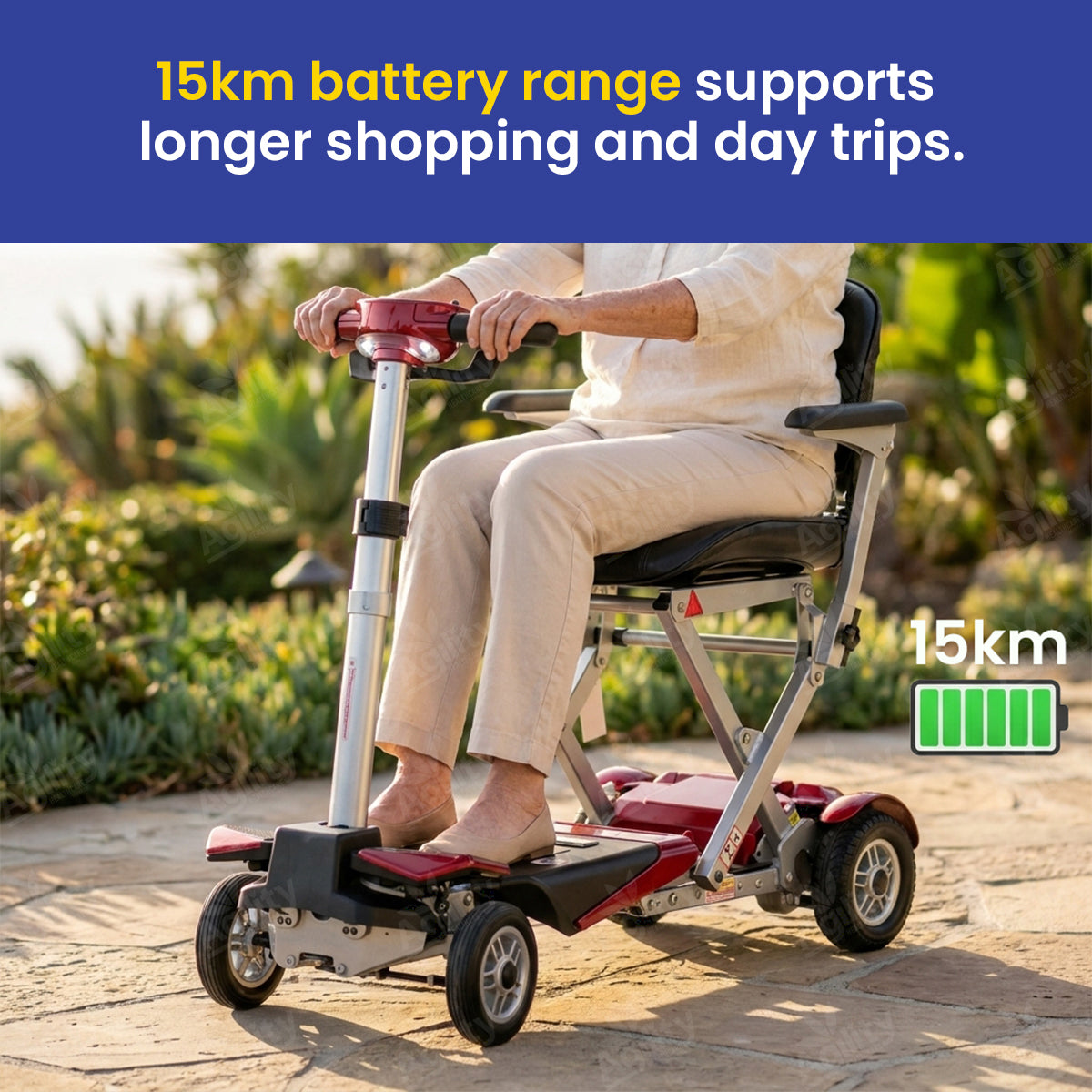 Person using a mobility scooter with text about battery range on a scenic path.