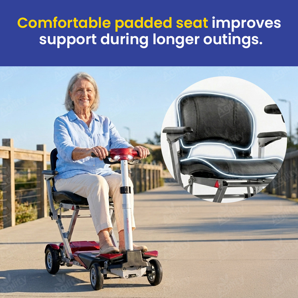 Woman using a mobility scooter with a comfortable padded seat, set against a clear blue sky.