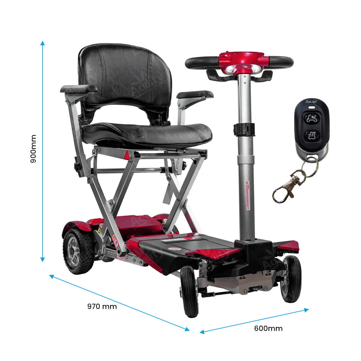 Mobility scooter with dimensions labeled on a white background