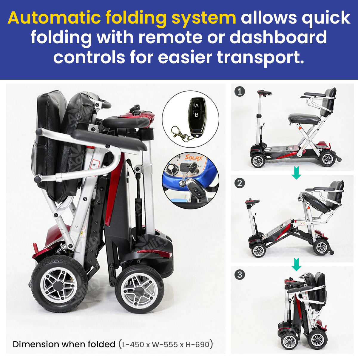 Foldable mobility scooter with remote control and folding instructions on a white background