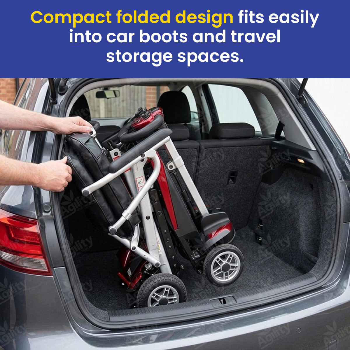 Compact folded stroller being placed into a car trunk with text about its storage capabilities.