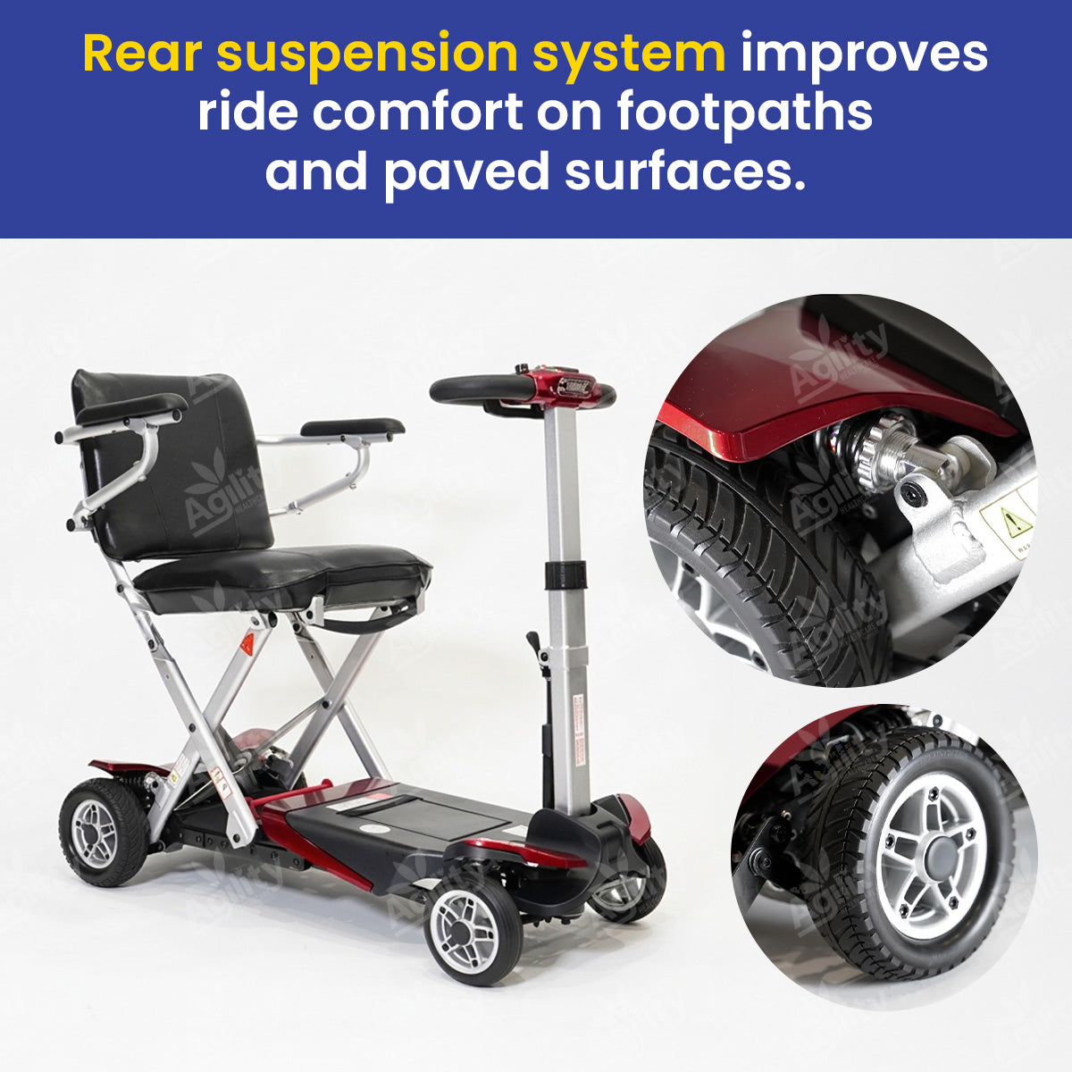 Mobility scooter with rear suspension system on a white background