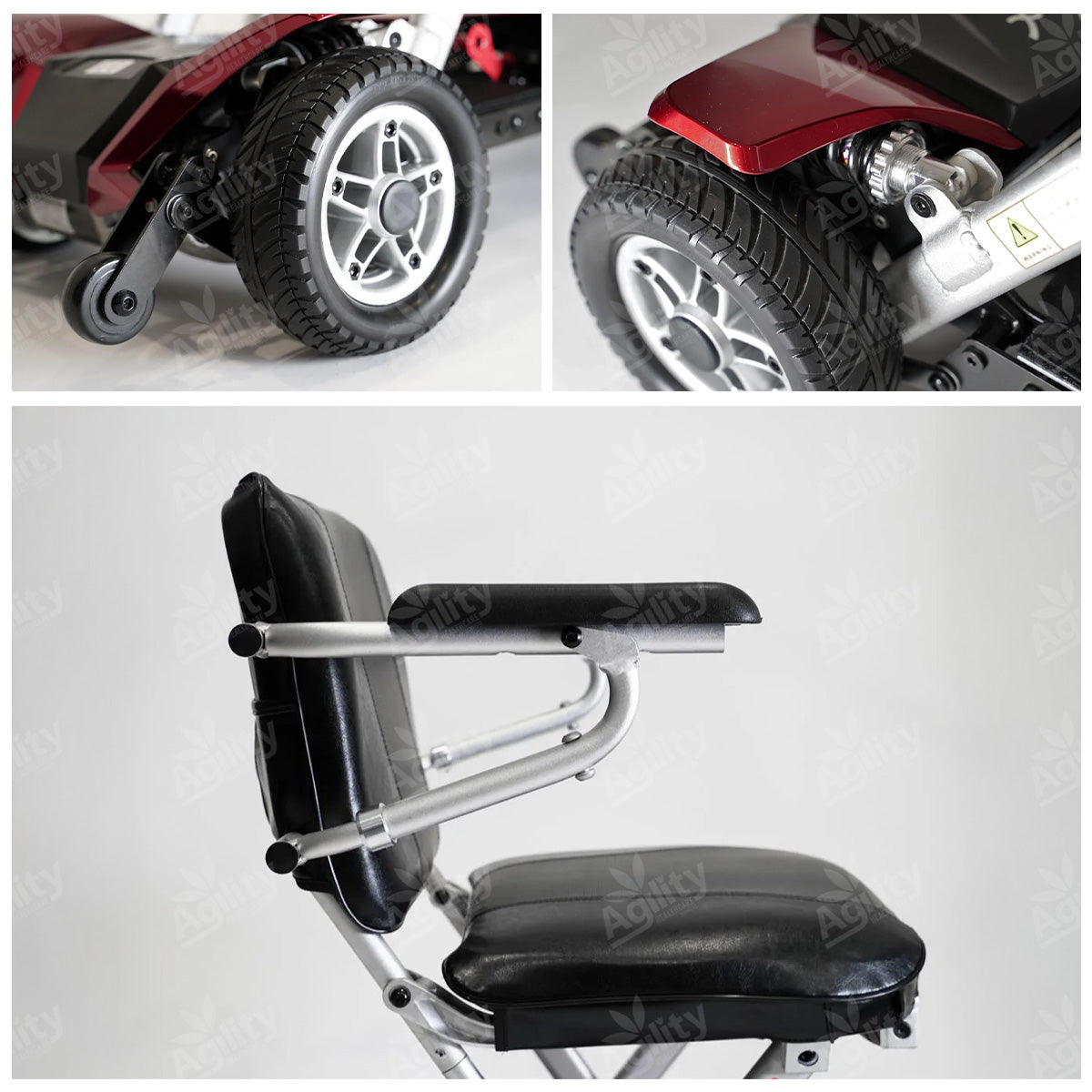Collage of a mobility scooter with close-up details on wheels and seat.