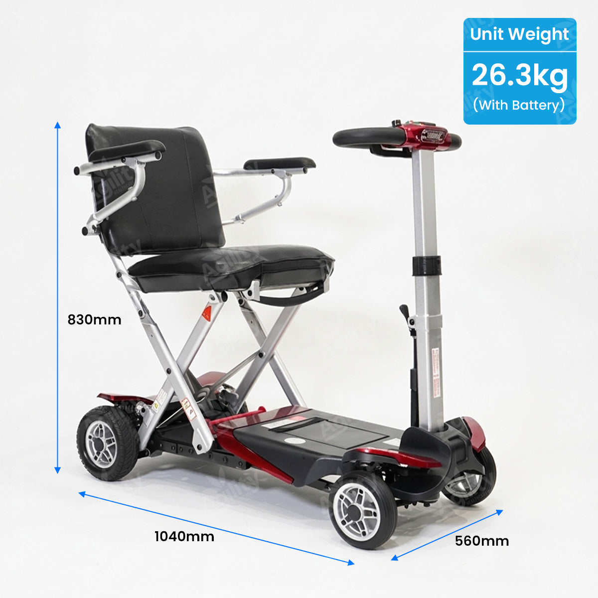 Mobility scooter with weight and dimensions displayed on a white background