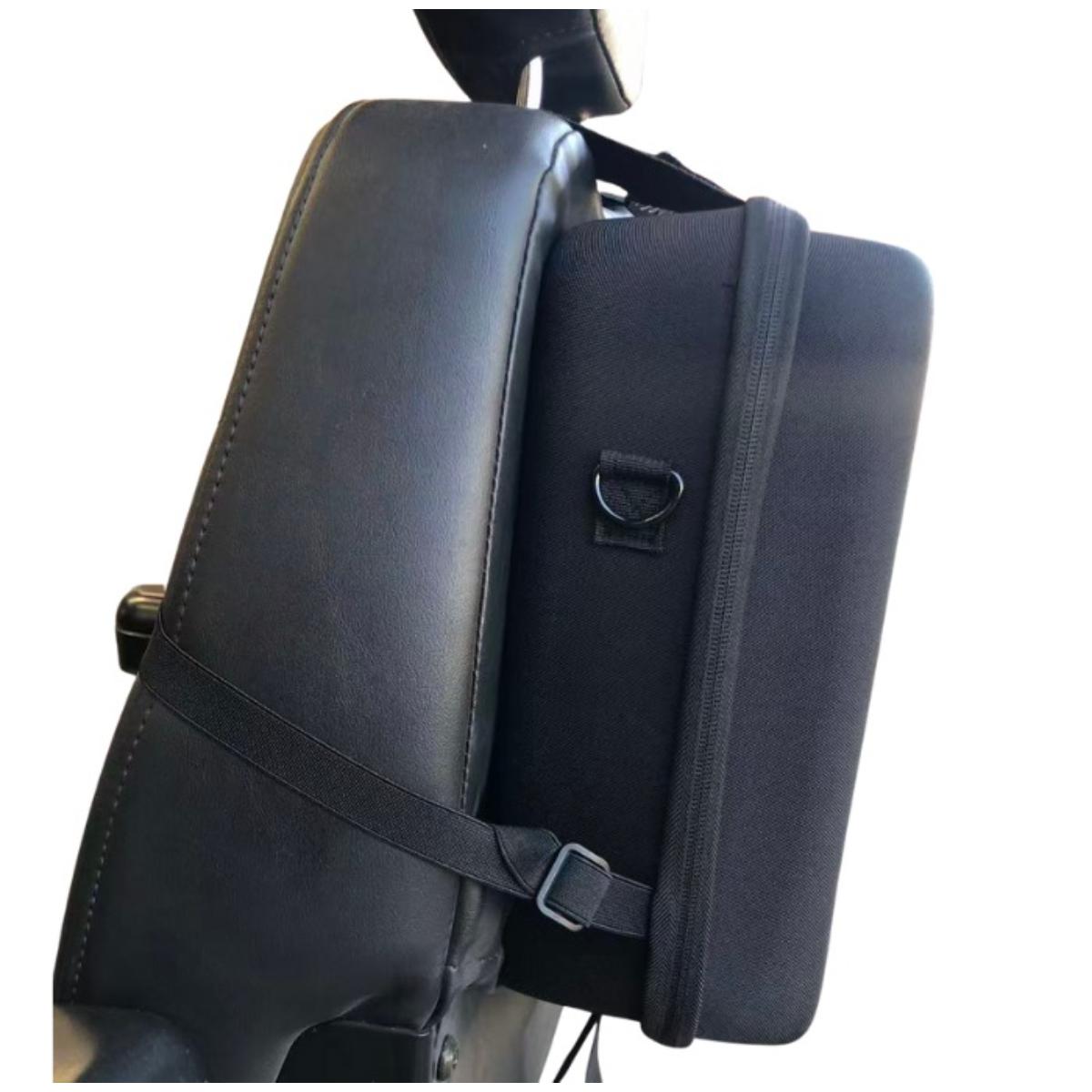 Black leather Rear Seat Bag with a shoulder strap on a white background