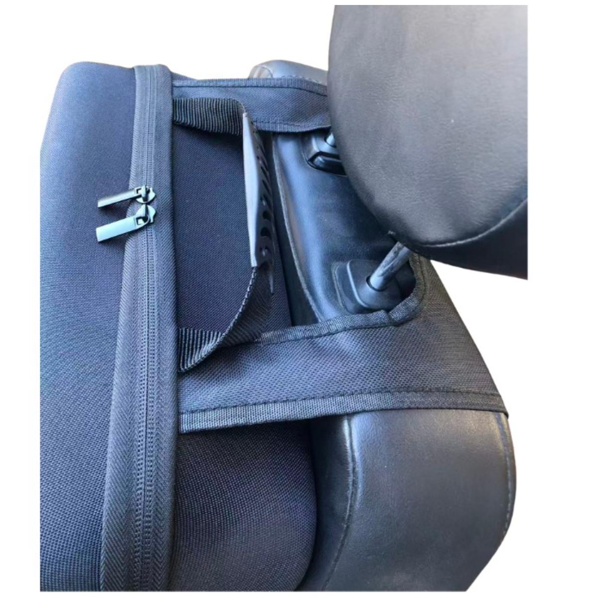 Car seat with a blue cover and headrest on a white background