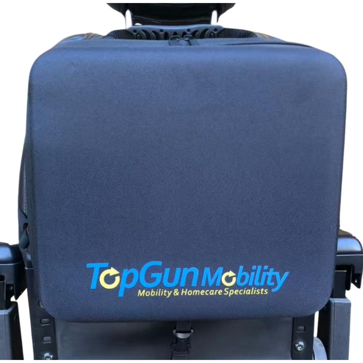 Blue wheelchair backrest with TopGun Mobility logo on a white background