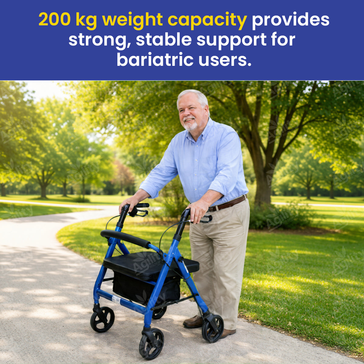 Man using a walker in a park with text about weight capacity.