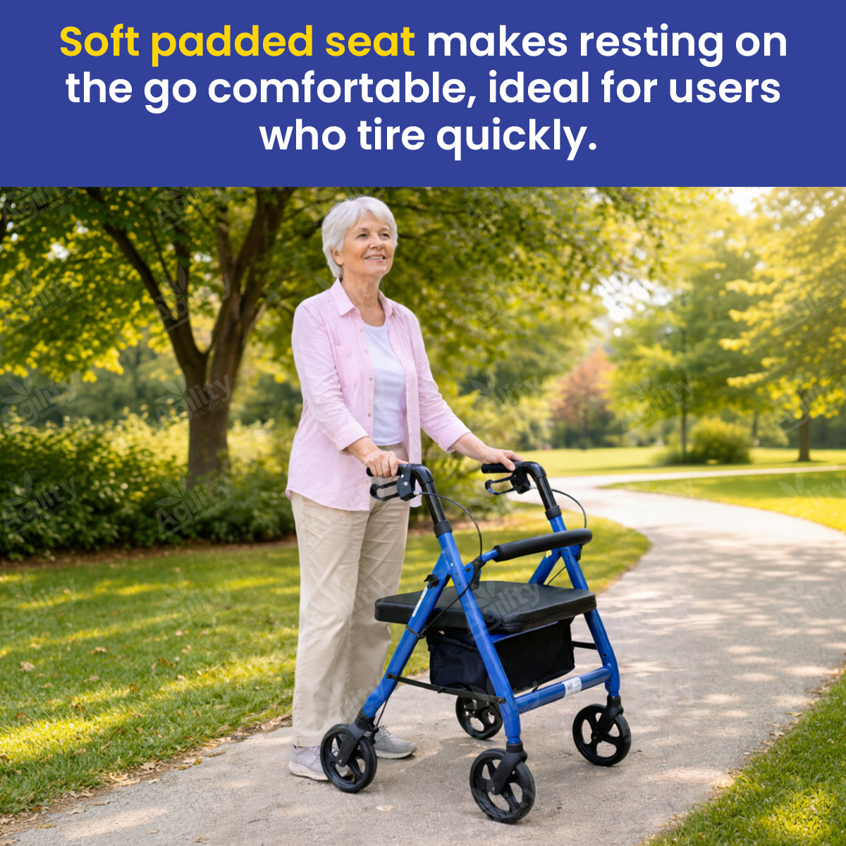 Woman using a blue walker in a park with text about a soft padded seat.