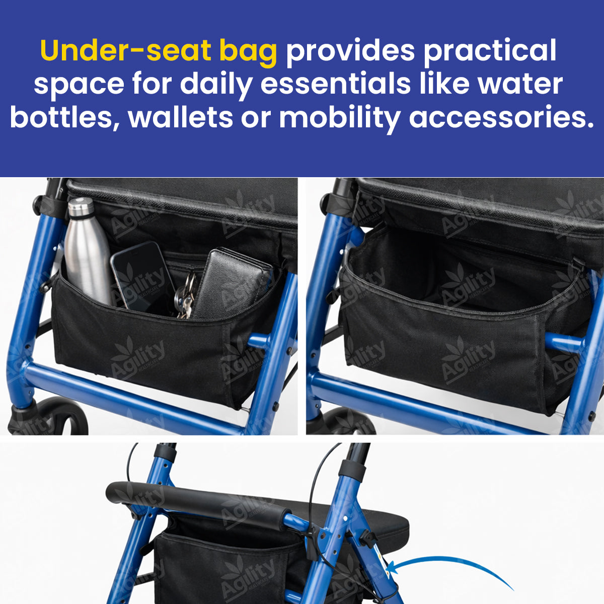 Under-seat bag of a walker with daily essentials inside, on a white background.
