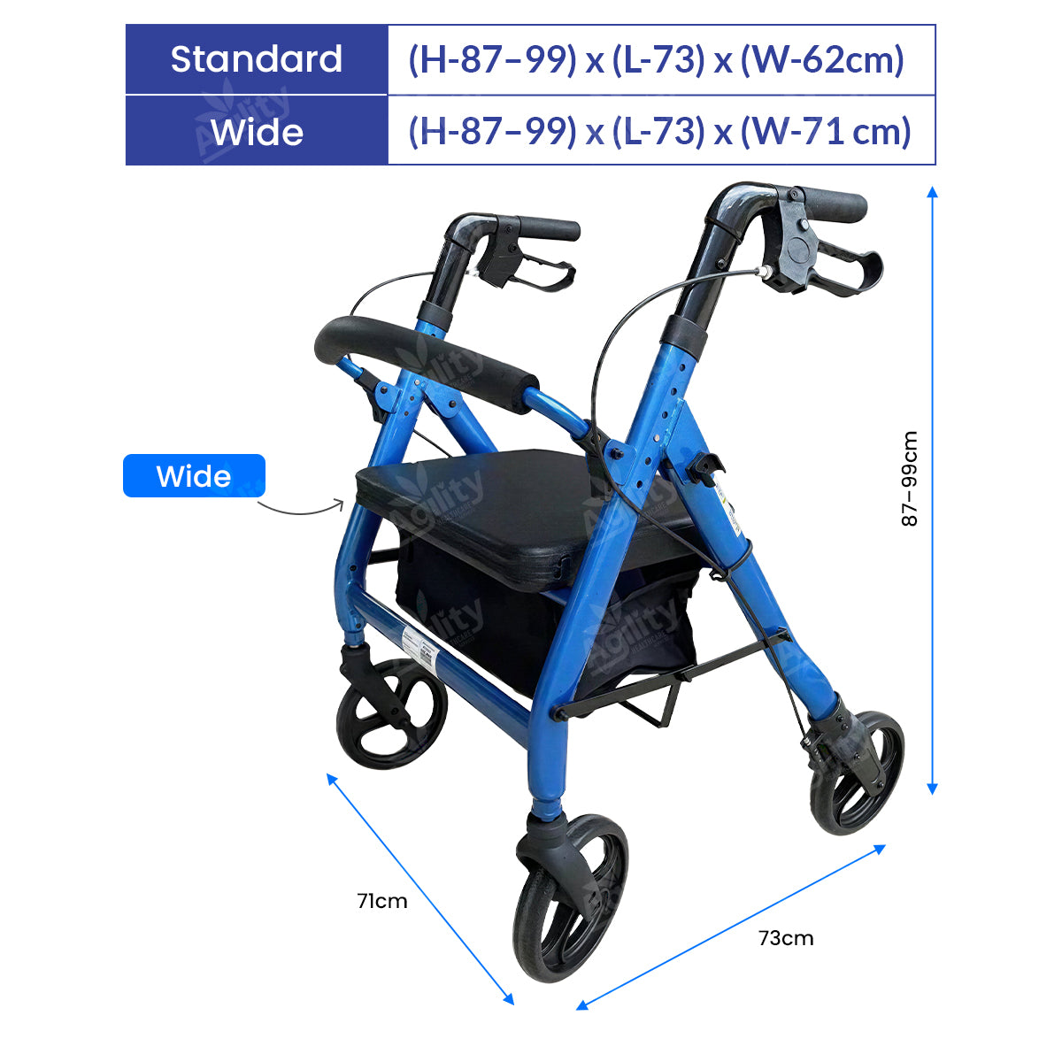 Blue walker with dimensions labeled on a white background