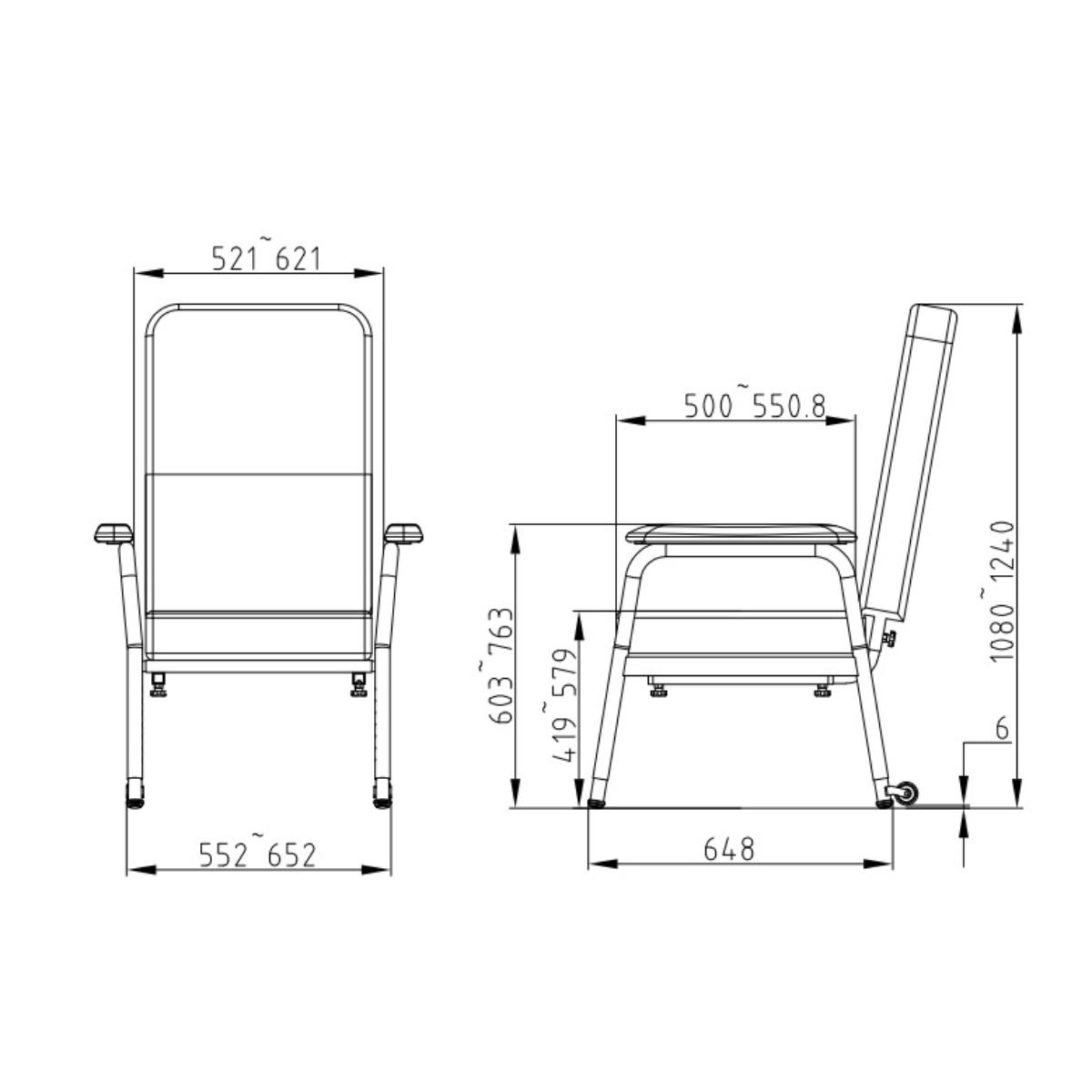 Technical drawing of a chair with dimensions labeled