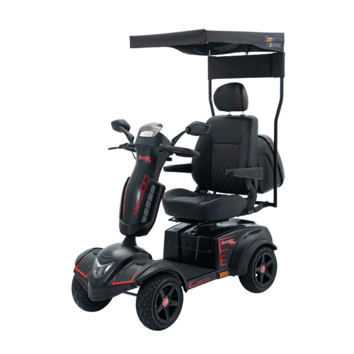 Black mobility scooter with canopy on a white background