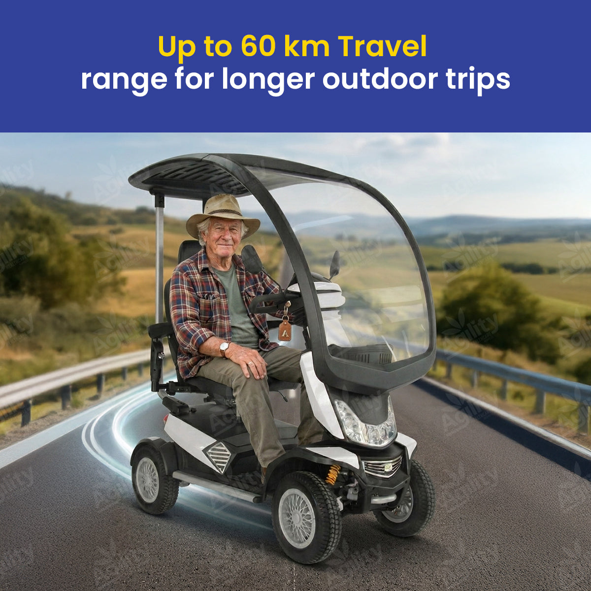 A man sitting in a golf cart safari mobility scooter on a road with a scenic background and text about travel range.