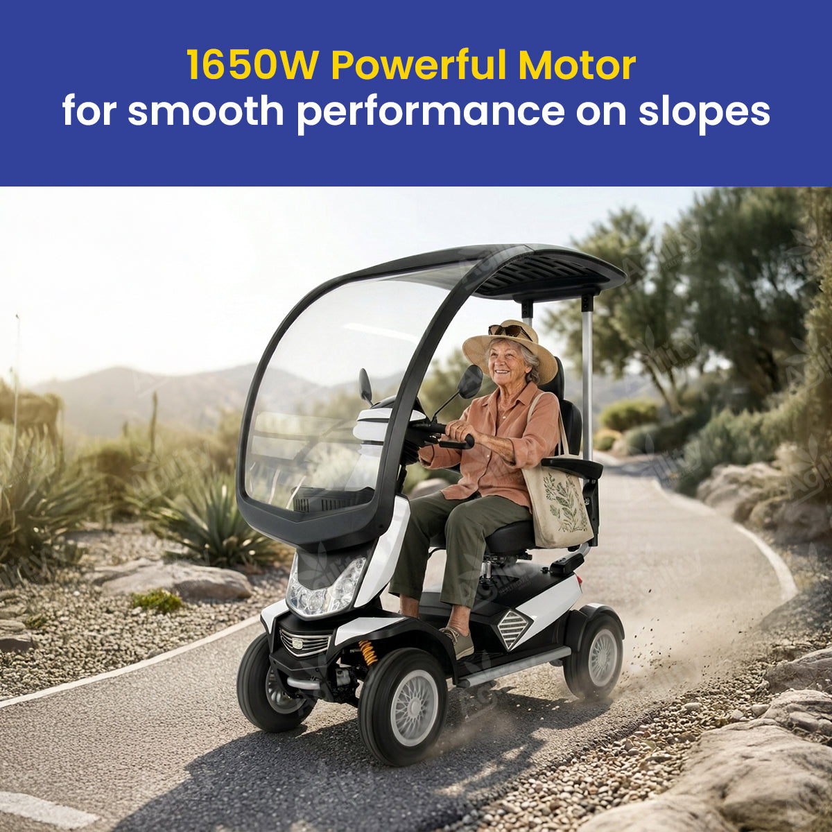 Person using a safari mobility scooter on a scenic road with text about its powerful motor.
