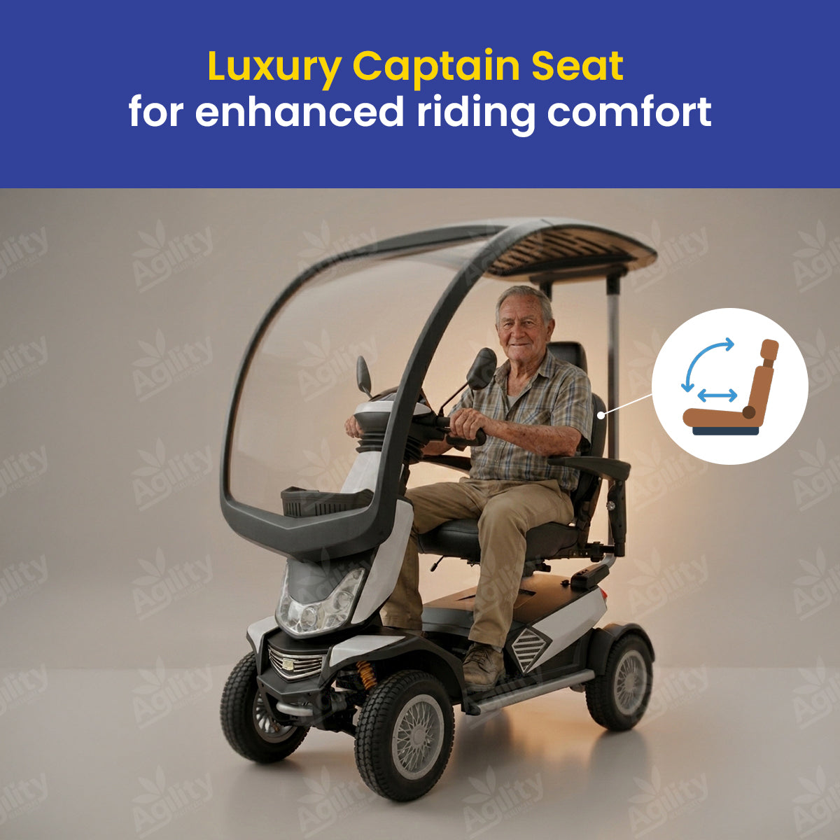 Man sitting in a safari mobility scooter with a 'Luxury Captain Seat' feature highlighted.